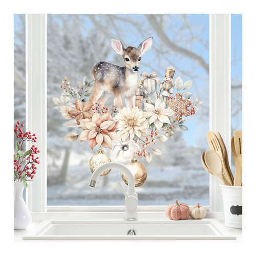 Bild von Fensteraufkleber Winterland - Reh im Blütenzauber