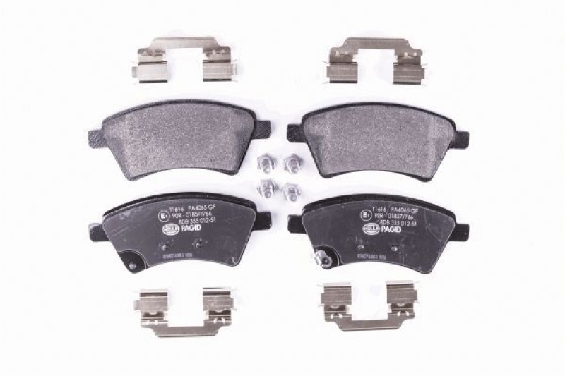 Bild von HELLA 8DB 355 012-511 Bremsbelagsatz Bremsbeläge, Bremsklötze, Bremssteine mit akustischer Verschleißwarnung mit Bremssattelschrauben mit Zubehör