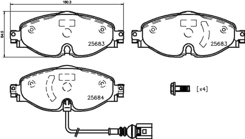 Bild von HELLA 8DB 355 020-191 Bremsbelagsatz Bremsbeläge, Bremsklötze, Bremssteine inkl. Verschleißwarnkontakt mit Bremssattelschrauben VOLKSWAGEN: Golf 7