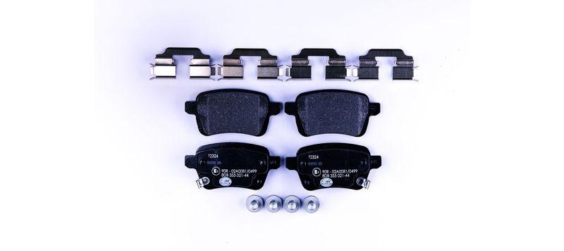 Bild von HELLA 8DB 355 021-441 Bremsbelagsatz Bremsbeläge, Bremsklötze, Bremssteine mit akustischer Verschleißwarnung mit Bremssattelschrauben mit Zubehör