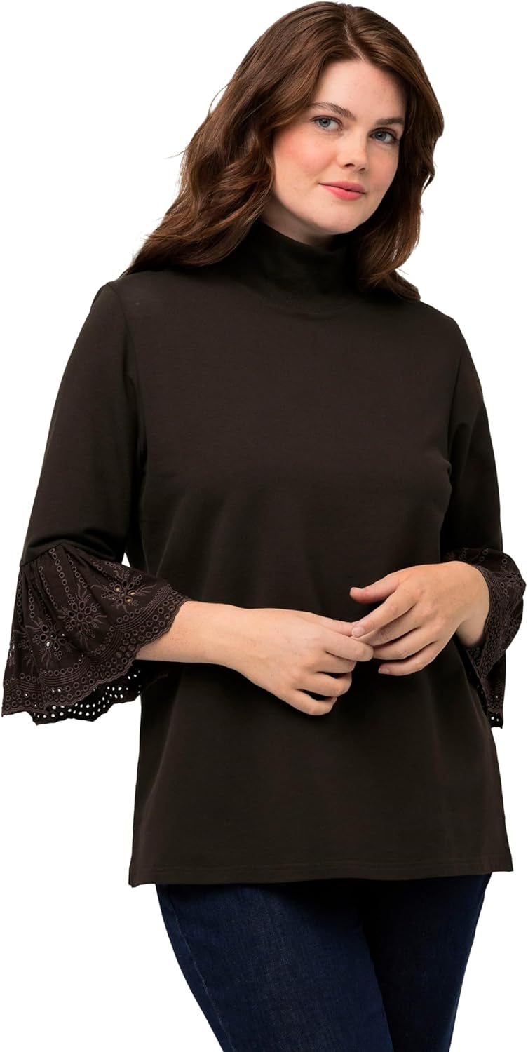 Bild von Ulla Popken Damen with Embroidered Sleeves Sweatshirt, Schwarzbraun, 50-52