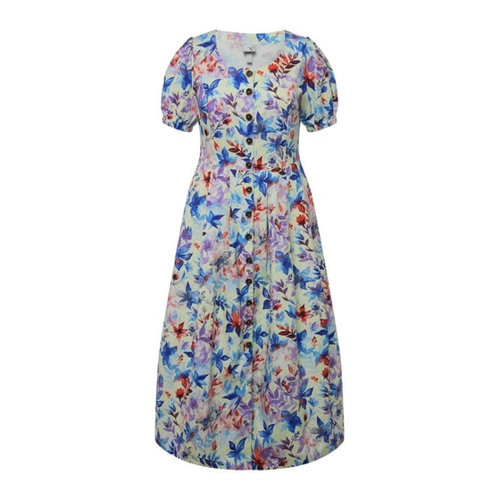 Bild von Ulla Popken Dirndl Midikleid Blätter Rundhals Puff-Halbarm Leinenmix