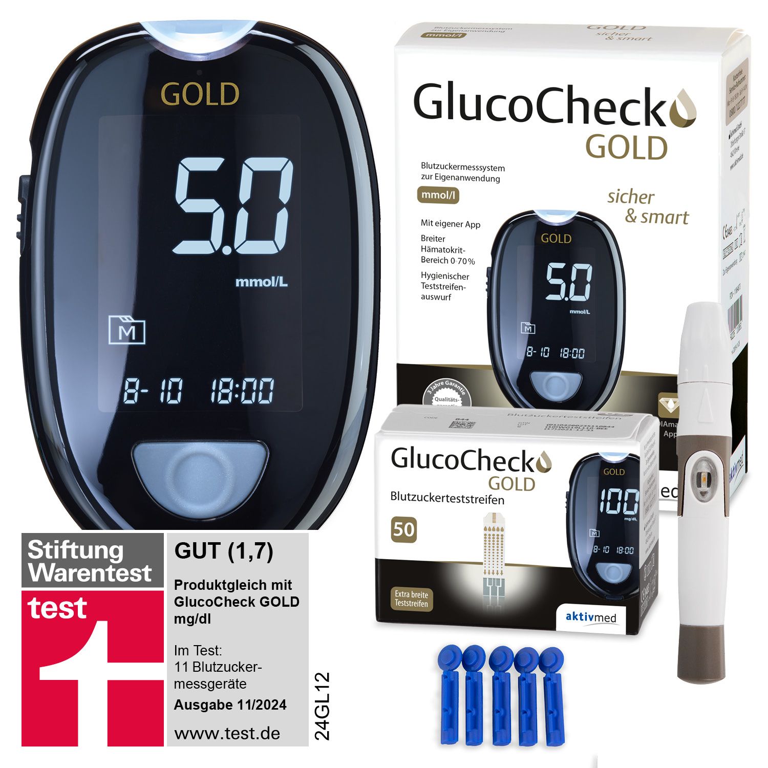 Bild von GlucoCheck GOLD Blutzuckermessgerät (mmol/L) + 60 Teststreifen