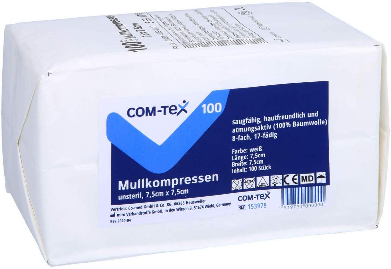 Bild von Com Tex Mullkompressen 7,5 X 7,5 cm Unsteril 8fach 100 Stück - Bei Wunden