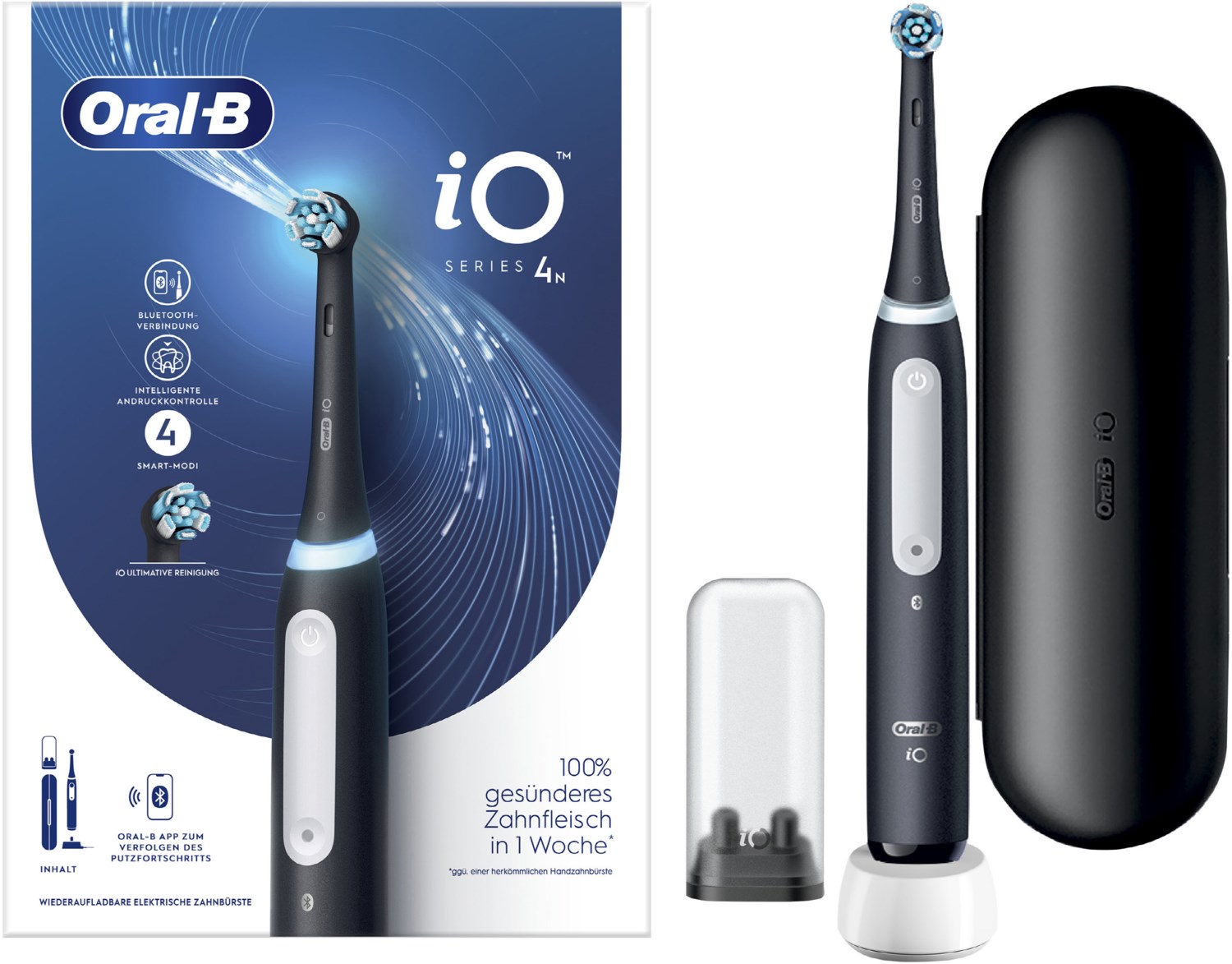 Bild von Oral-B iO Series 4, elektrische Zahnbürste mit Magnet-Technologie, 4 Putzmodi, Reiseetui, Matt Black