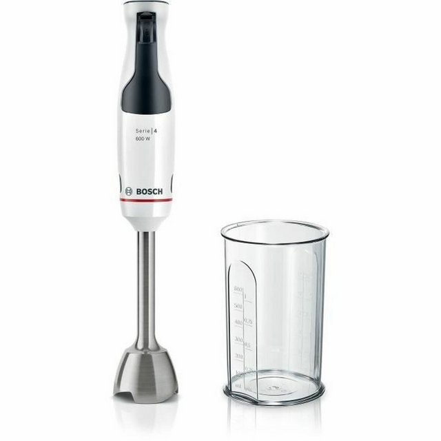 Bild von Bosch Stabmixer ErgoMaster Serie 4 MSM4W210, einhändig bedienbar, Edelstahl-Klingen, verschleißfreie Keramik-Kupplung, Mixbecher, QuattroBlade, AntiSplash Funktion, Einschaltsperre, 600 W, weiß