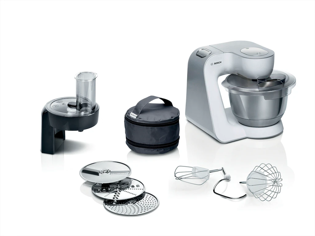 Bild von BOSCH Küchenmaschine Serie 4 MUM58210, Durchlaufschnitzler, 3 Scheiben, weiß Serie 4 MUM58210, Durchlaufschnitzler, 3 Scheiben, weiß, 1000 W, 5,6 l Schüssel, Edelstahl-Schüssel, Knethaken/Schlag-/Rührbesen, spülmaschinenfest