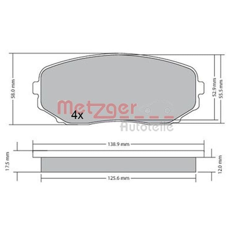 Bild von METZGER 1170654 Bremsbelagsatz Bremsbeläge, Bremsklötze, Bremssteine Vorderachse mit akustischer Verschleißwarnung mit Anti-Quietsch-Blech MAZDA: CX-7
