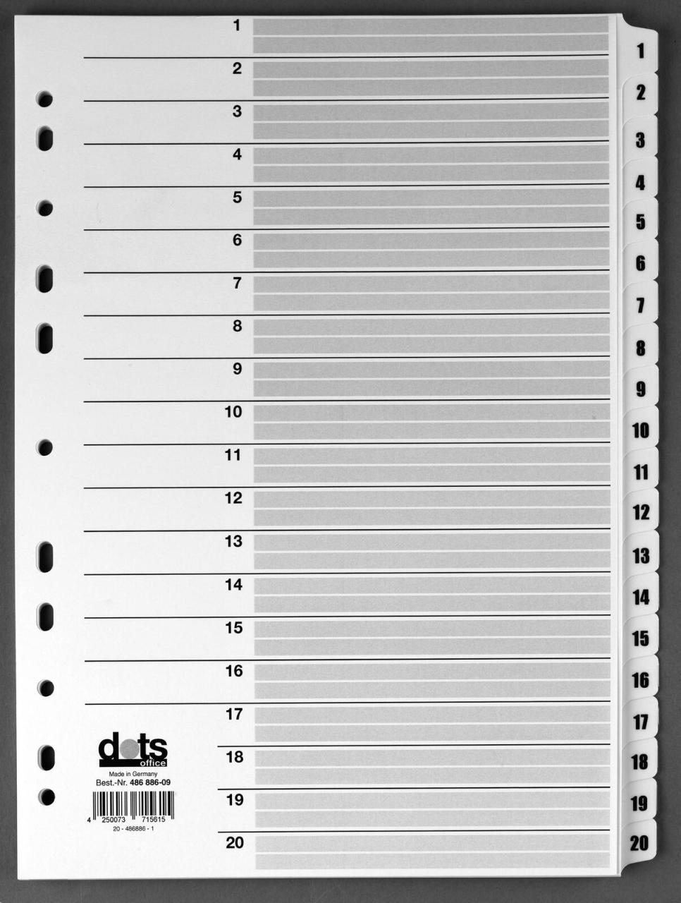 Bild von dots Schubladenbox dots Ordnerregister Mylar Vollformat 1-20 weiß 20-teilig, 1 Satz