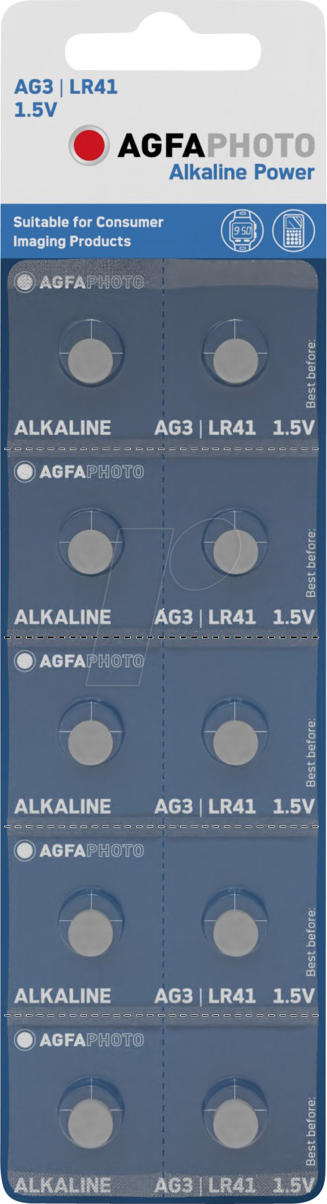 Bild von AGFAPHOTO Alkaline, Knopfzelle, LR41, V3GA, 1.5V Power, Retail Blister (10-Pack)