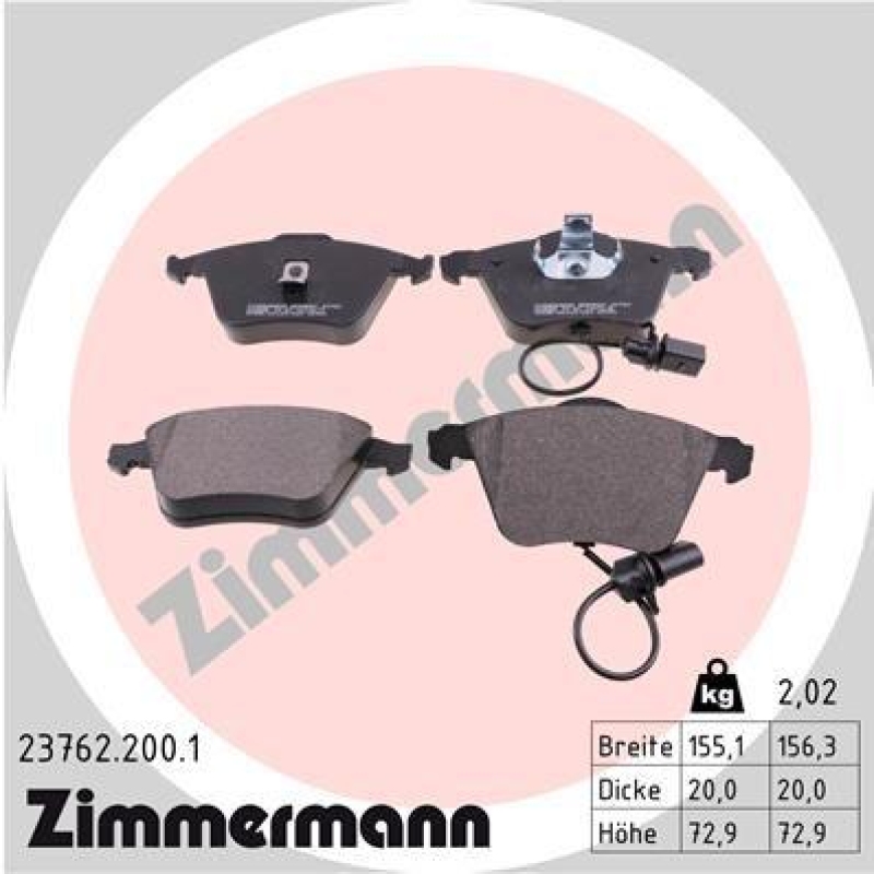 Bild von ZIMMERMANN 23762.200.1 Bremsbelagsatz Bremsbeläge, Bremsklötze, Bremssteine inkl. Verschleißwarnkontakt Foto entspricht Lieferumfang AUDI: A4 B6 Avant