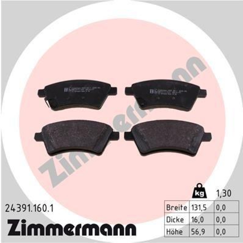 Bild von ZIMMERMANN 24391.160.1 Bremsbelagsatz Bremsbeläge, Bremsklötze, Bremssteine mit akustischer Verschleißwarnung Foto entspricht Lieferumfang
