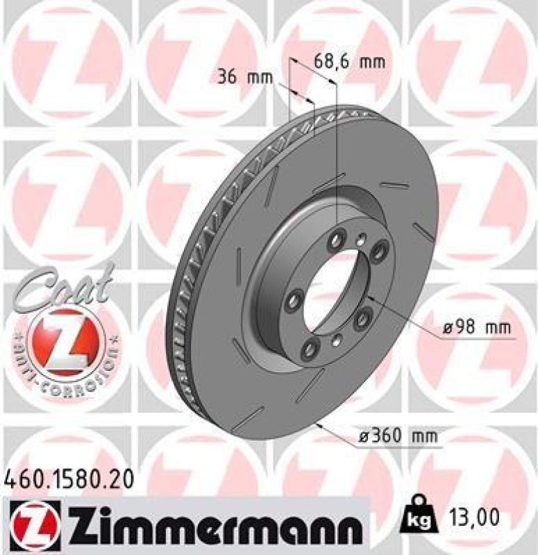 Bild von ZIMMERMANN COAT Z 460.1580.20 Bremsscheibe Bremsscheiben, Scheibenbremsen 360 36 7/5 5 130 innenbelüftet, geschlitzt beschichtet hochgekohlt
