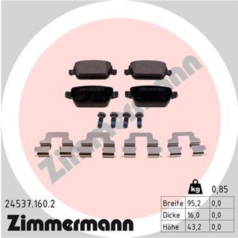 Bild von ZIMMERMANN 24537.160.2 Bremsbelagsatz Bremsbeläge, Bremsklötze, Bremssteine mit Schrauben Foto entspricht Lieferumfang, mit Feder FORD: Galaxy Mk2 MPV