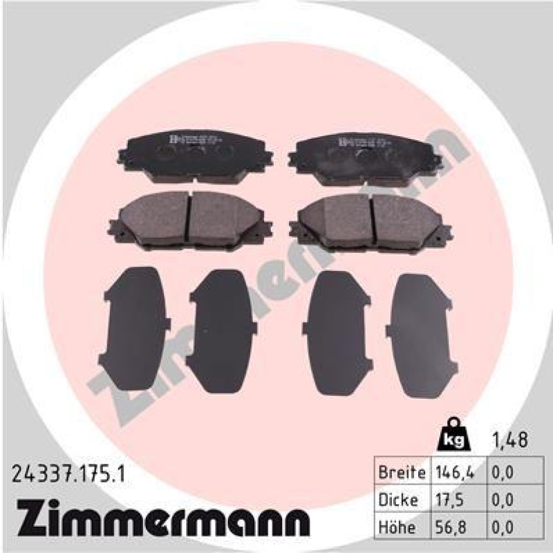 Bild von ZIMMERMANN 24337.175.1 Bremsbelagsatz Bremsbeläge, Bremsklötze, Bremssteine Foto entspricht Lieferumfang TOYOTA: Auris Estate, RAV4 IV Off-Road
