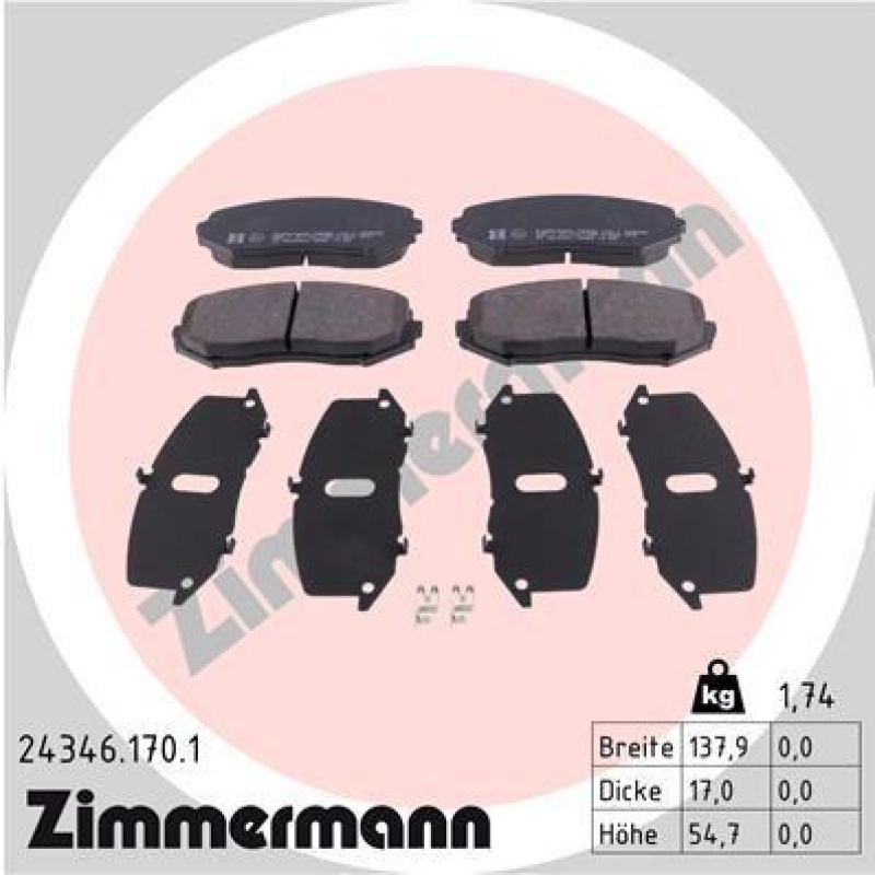 Bild von ZIMMERMANN 24346.170.1 Bremsbelagsatz Bremsbeläge, Bremsklötze, Bremssteine mit akustischer Verschleißwarnung Foto entspricht Lieferumfang