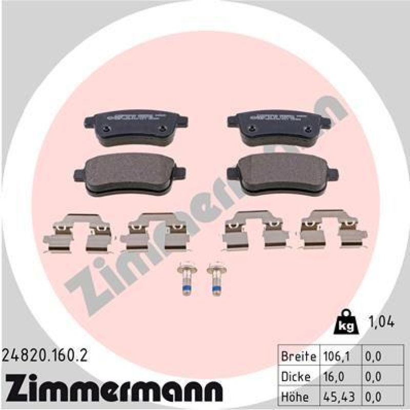 Bild von ZIMMERMANN 24820.160.2 Bremsbelagsatz Bremsbeläge, Bremsklötze, Bremssteine mit Schrauben Foto entspricht Lieferumfang, mit Gleitblech