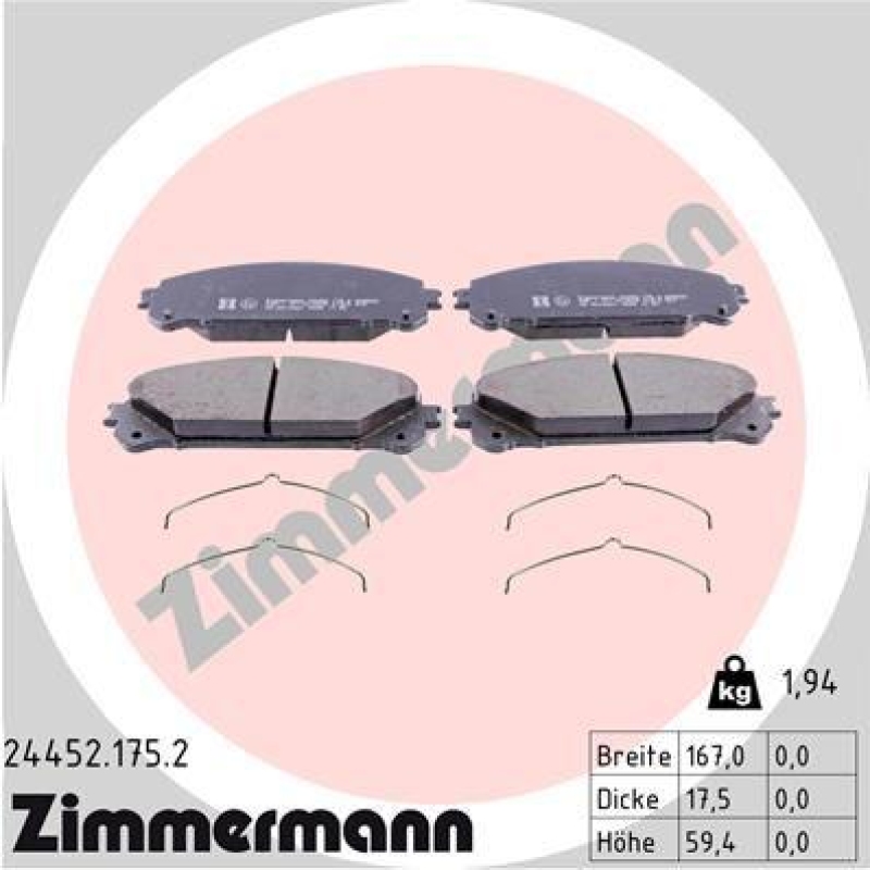 Bild von ZIMMERMANN 24452.175.2 Bremsbelagsatz Bremsbeläge, Bremsklötze, Bremssteine Foto entspricht Lieferumfang, mit Feder TOYOTA: RAV4 IV Off-Road, RAV4 V