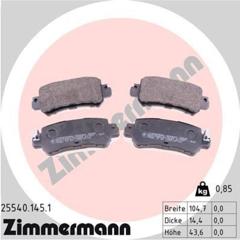Bild von ZIMMERMANN Bremsbelagsatz, Scheibenbremse hinten rechts links Foto entspricht Lieferumfang für MAZDA (CHANGAN) K0Y12648Z K0Y1-26-48ZC K0Y12648ZC 25540