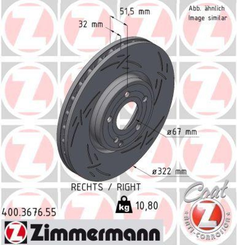 Bild von ZIMMERMANN 400.3676.55 Bremsscheibe Bremsscheiben, Scheibenbremsen 322 32 6/5 5 112 innenbelüftet, geschlitzt beschichtet hochgekohlt