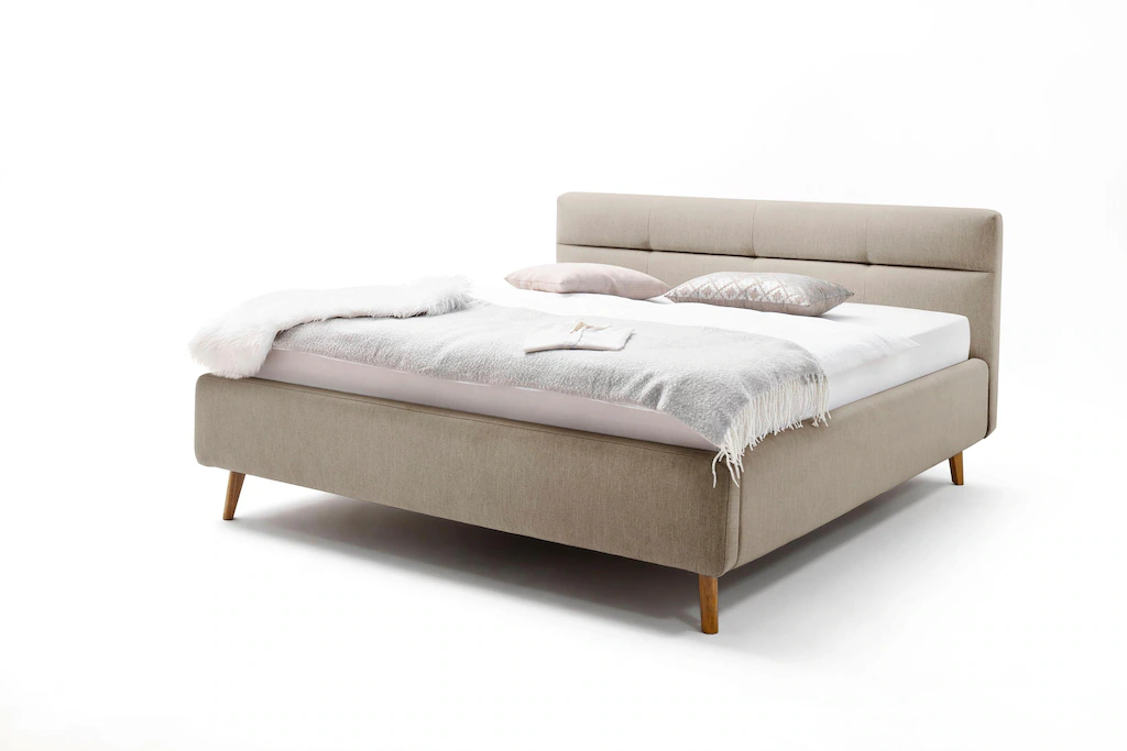 Bild von 160x200 Polsterbett LOTTE von Meise Möbel Kopfteil gesteppt MELVA beige / Fuß Eiche natur