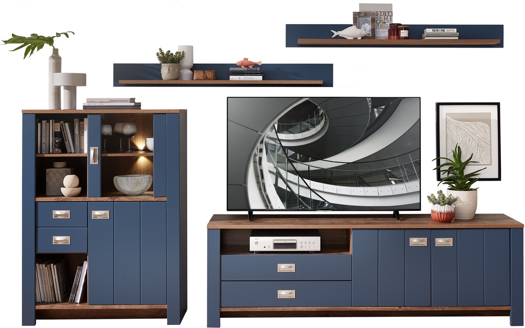Bild von DIJON Wohnwand Komplett-Set in Parisian Blue, Haveleiche Cognac Optik - Moderne Schrankwand mit LED-Beleuchtung für Ihr Wohnzimmer - 307 x 190 x 45 cm (B/H/T)