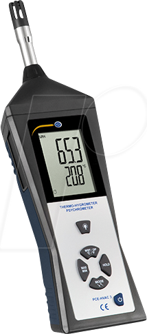 Bild von Feuchtigkeitsmessgerät PCE-HVAC 3 im ergonomisch geformten Gehäuse/Hintergrundbeleuchtung/zur Erfassung von Umgebungsfeuchte (%rH) und Raumtemperatur (°C / °F)