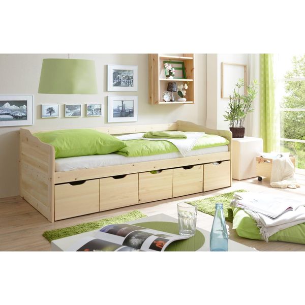Bild von TiCAA Einzelbett Sofabett Funktionsbett, Maria mit Schubkasten für Schlafzimmer, Kinderzimmer Kiefer Massivholz Bettgestell 90 x 200 cm