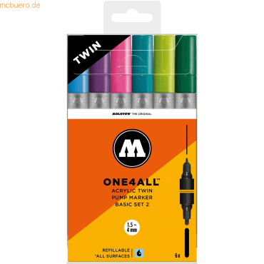 Bild von Molotow, Marker, Set de 6 Marqueurs pour Maquettes - One4All Twin - Acrylique - 1,5/4mm - basique 2 - 9.3 cm (Farbig sortiert, 4 mm, 6 x)