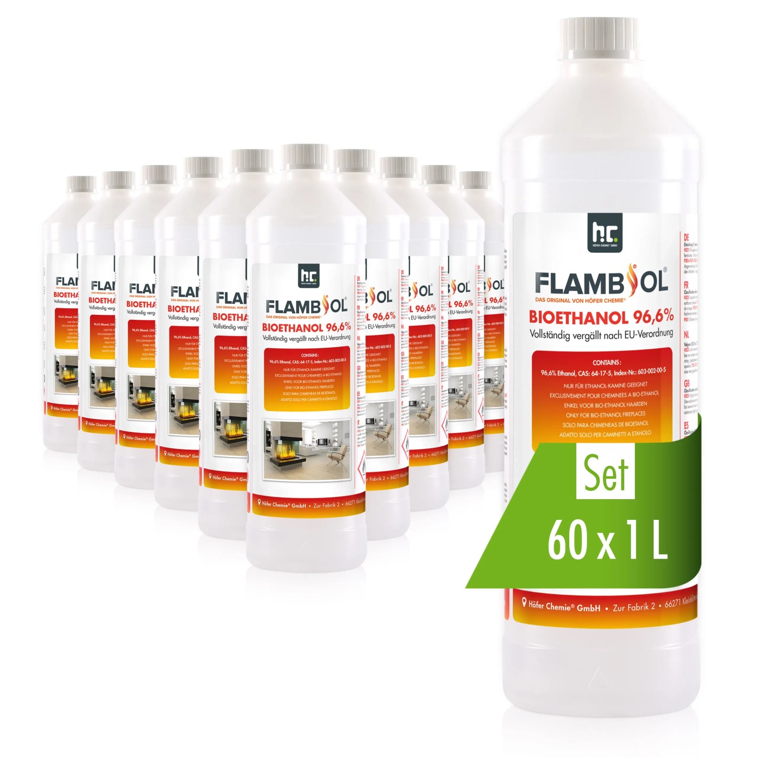 Bild von Höfer Chemie 60 x 1 Liter FLAMBIOL Bioethanol 96,6% Premium für Ethanol-Tischkamin in Flaschen (60 Liter)