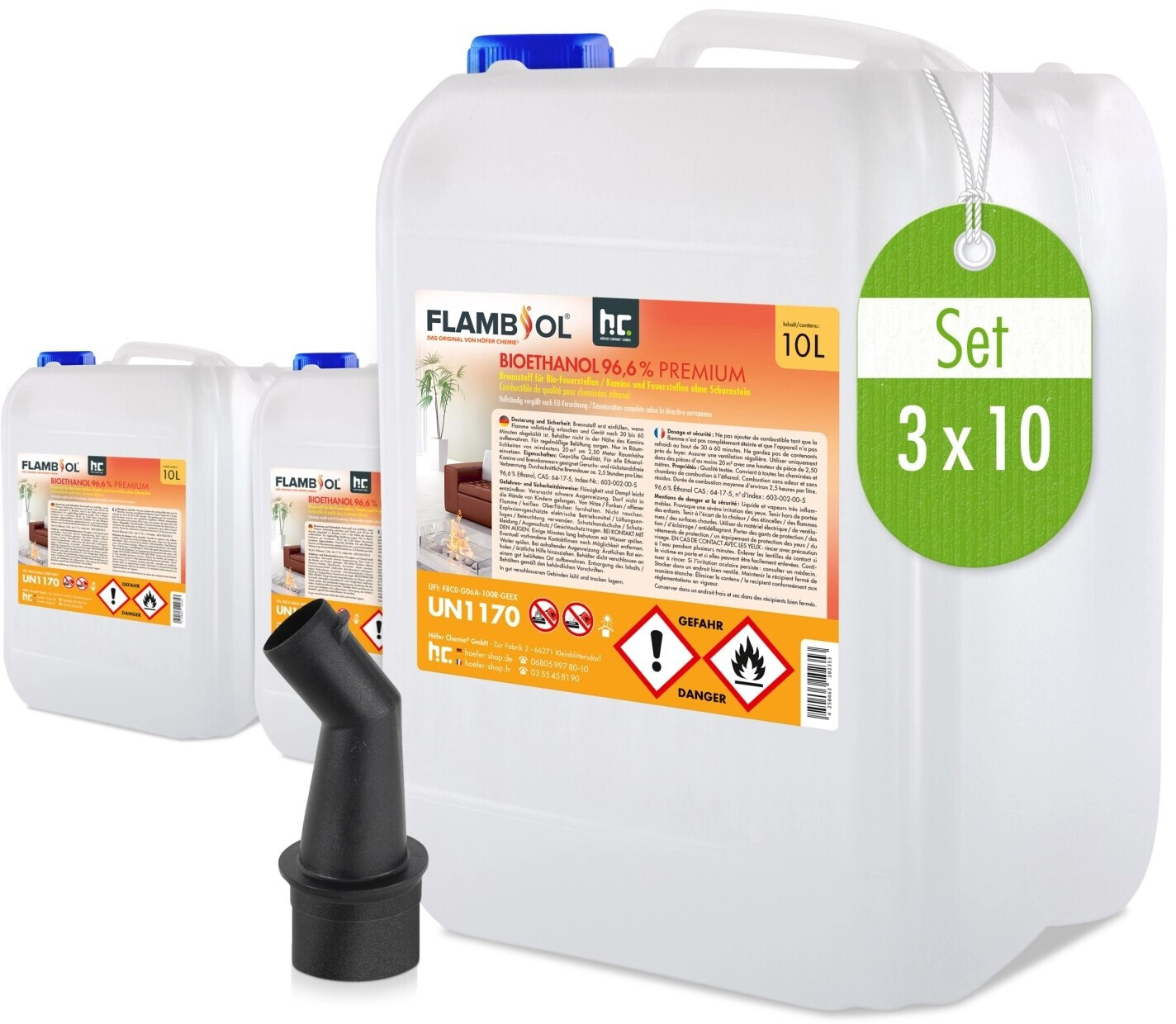 Bild von Höfer Chemie GmbH Bioethanol 3x 10 L FLAMBIOL® Bioethanol 96,6% Premium für Ethanolkamin, 30 l, (3-St)