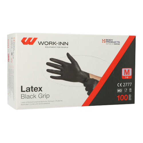 Bild von Einmalhandschuhe WORK-INN, für links & rechts, puderfrei, nicht steril, lebensmittelgeeignet, Größe M, Naturlatex, schwarz, 100 Stück