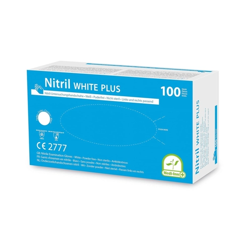 Bild von Einmalhandschuhe Medi-Inn® PS Nitril White Plus, für links/rechts, puderfrei, nicht steril, allergikergeeignet, Größe M, Nitril, weiß, 100 Stück