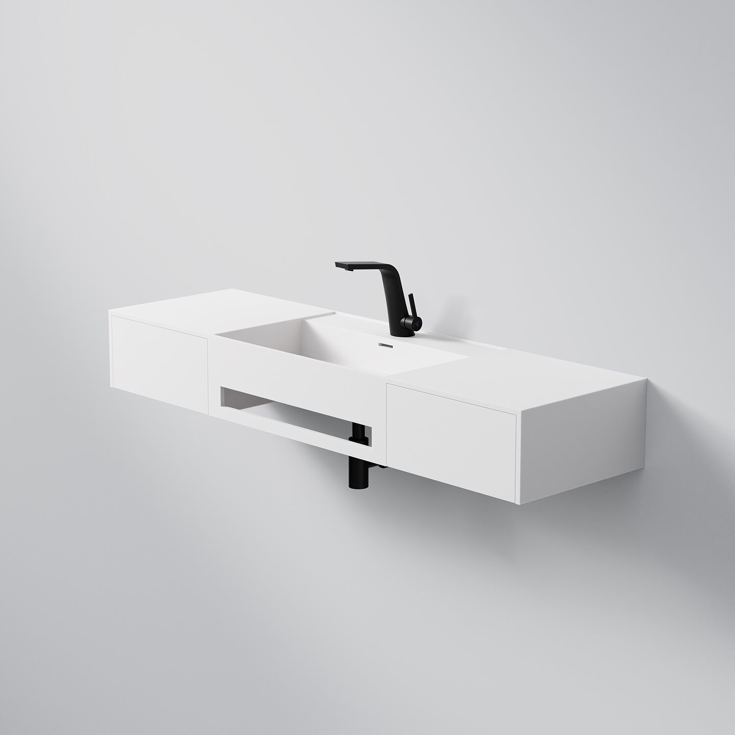 Bild von Steinberg Serie 443 Wand-Waschtisch, 2 Auszüge, mit Handtuchhalter, 1400x400x200mm, 1 Hahnloch, mit Überlauf, SolidSurface, 4437240W