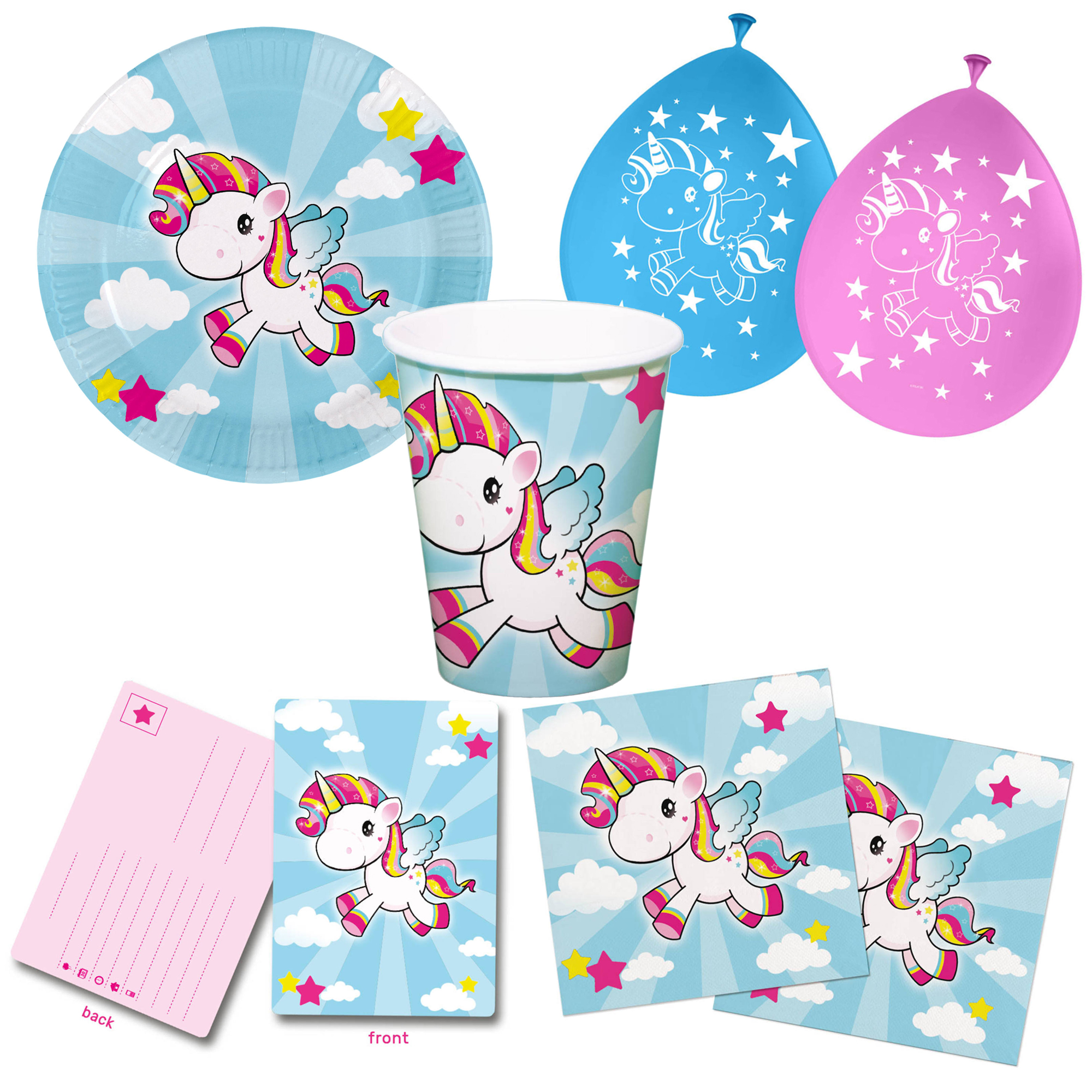 Bild von 52 teiliges Einhorn Party-Set inkl. Teller, Becher, Servietten, Einladungen und Ballons