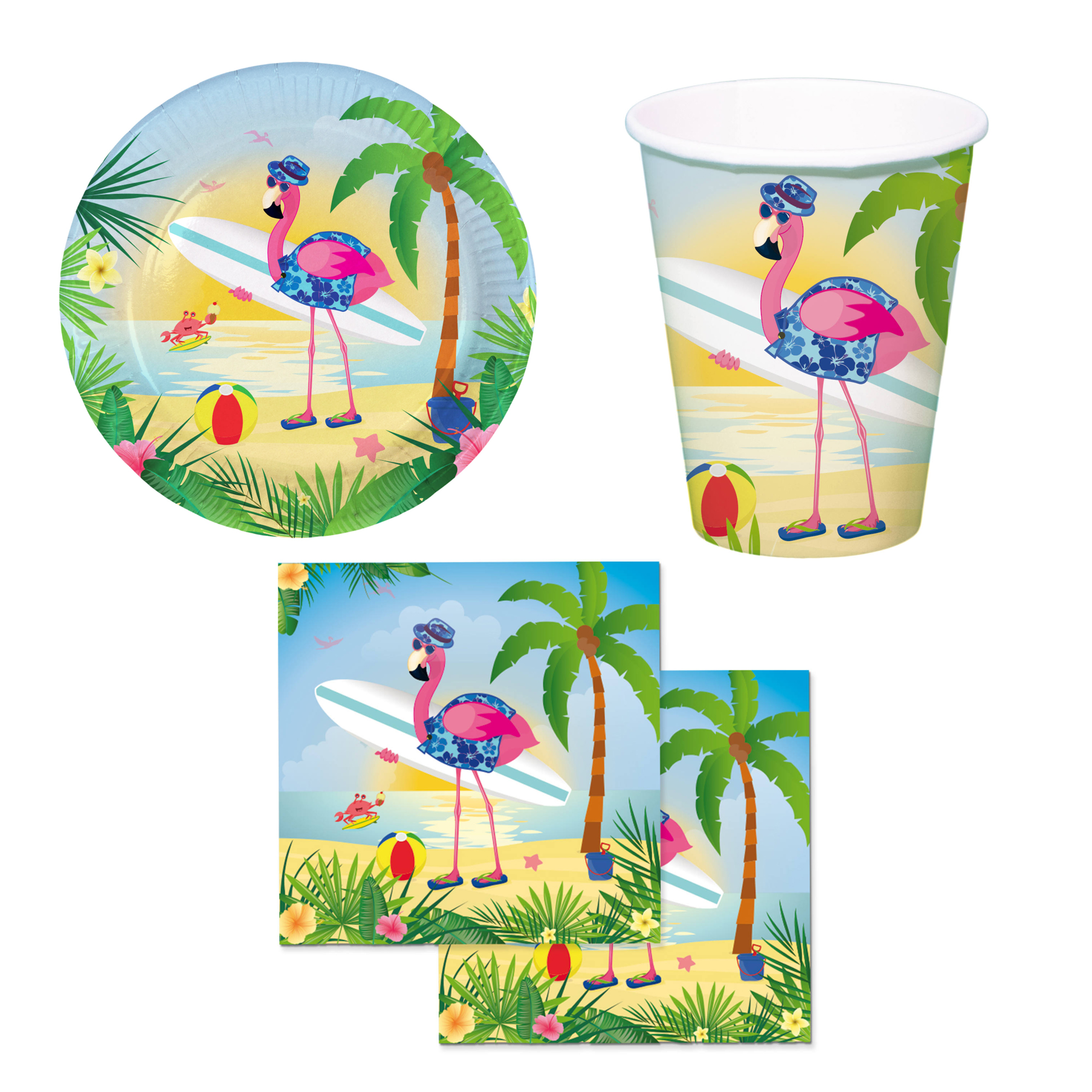Bild von 36-teiliges Flamingo am Strand Party-Set inkl. Pappteller, Pappbecher und Servietten