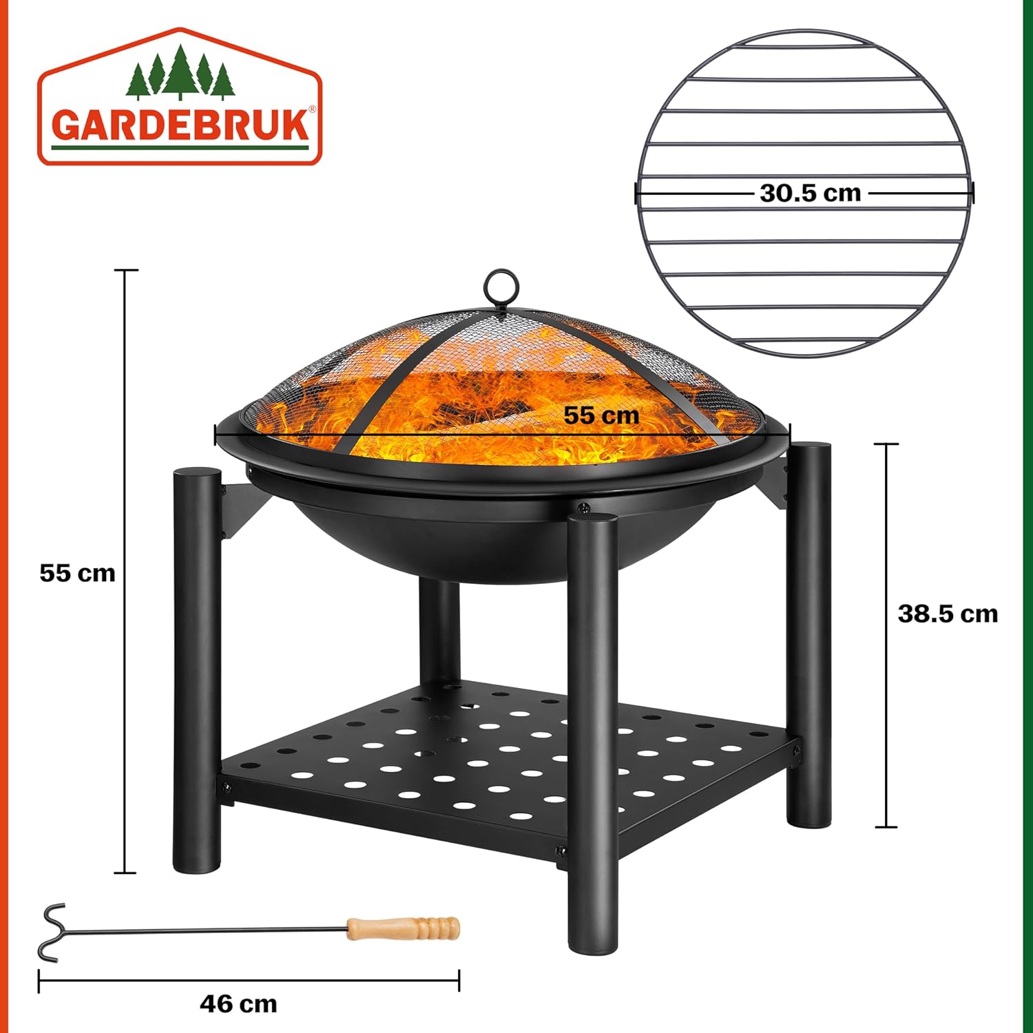 Bild von Gardebruk® Feuersschale mit Funkenschutz Abdeckung Schürhaken Rund Ø 55cm Holz Ablage Stahl Schwarz Feuerstelle Feuerkorb Garten Terrasse Kamin Grill