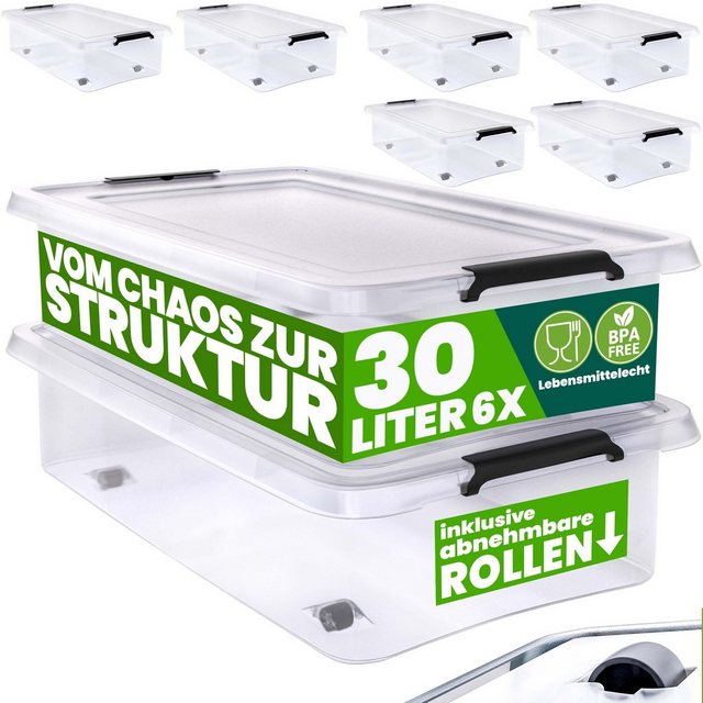 Bild von Deuba Aufbewahrungsbox (6 St), 30L Deckel stapelbar Rollen Kunststoff BPA frei Rollbox Kunststoffbox