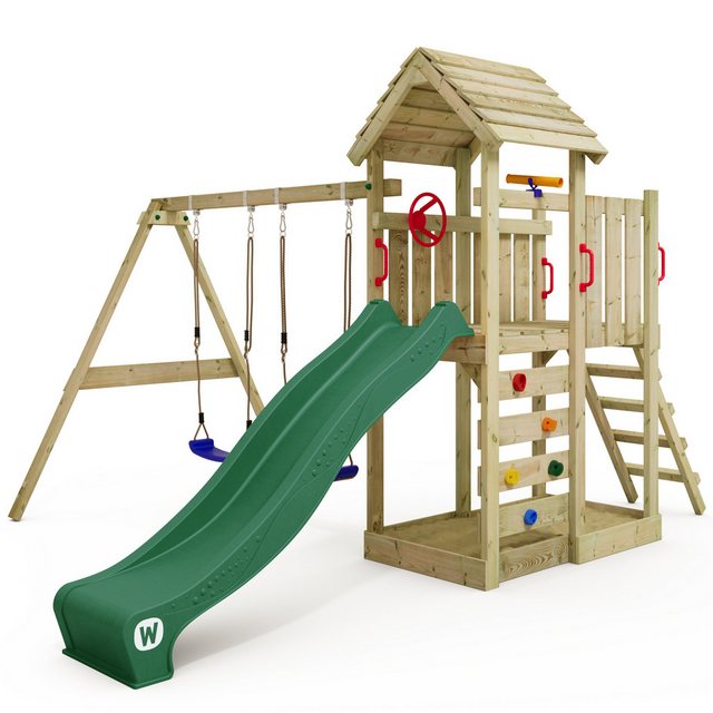 Bild von WICKEY Spielturm Klettergerüst MultiFlyer mit Holzdach, Schaukel & grüner Rutsche, Outdoor Kinder Kletterturm mit Sandkasten, Leiter & Spiel-Zubehör für den Garten