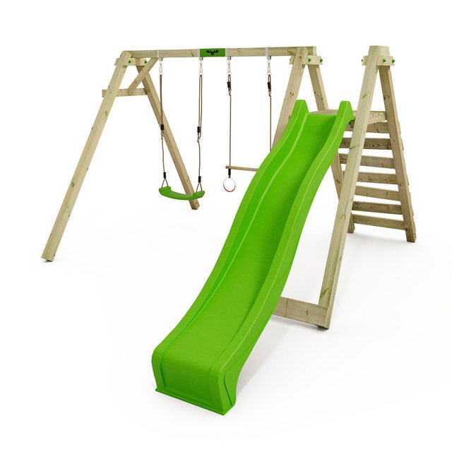 Bild von FATMOOSE Kinderschaukel Schaukelgestell JollyJay mit apfelgrüner Rutsche & Schaukel, Schaukelgerüst mit Leiter, Doppelschaukel, Holzschaukel für Kinder Im Garten