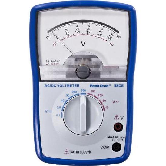 Bild von PeakTech P 3202. Breite: 100 mm, Tiefe: 45 mm, Höhe: 155 mm. Energiequelle: Batterie/Akku, Akku-/Batterietyp: AA, Batteriespannung: 1,5 V. Anzeige: Analog (P 3202)