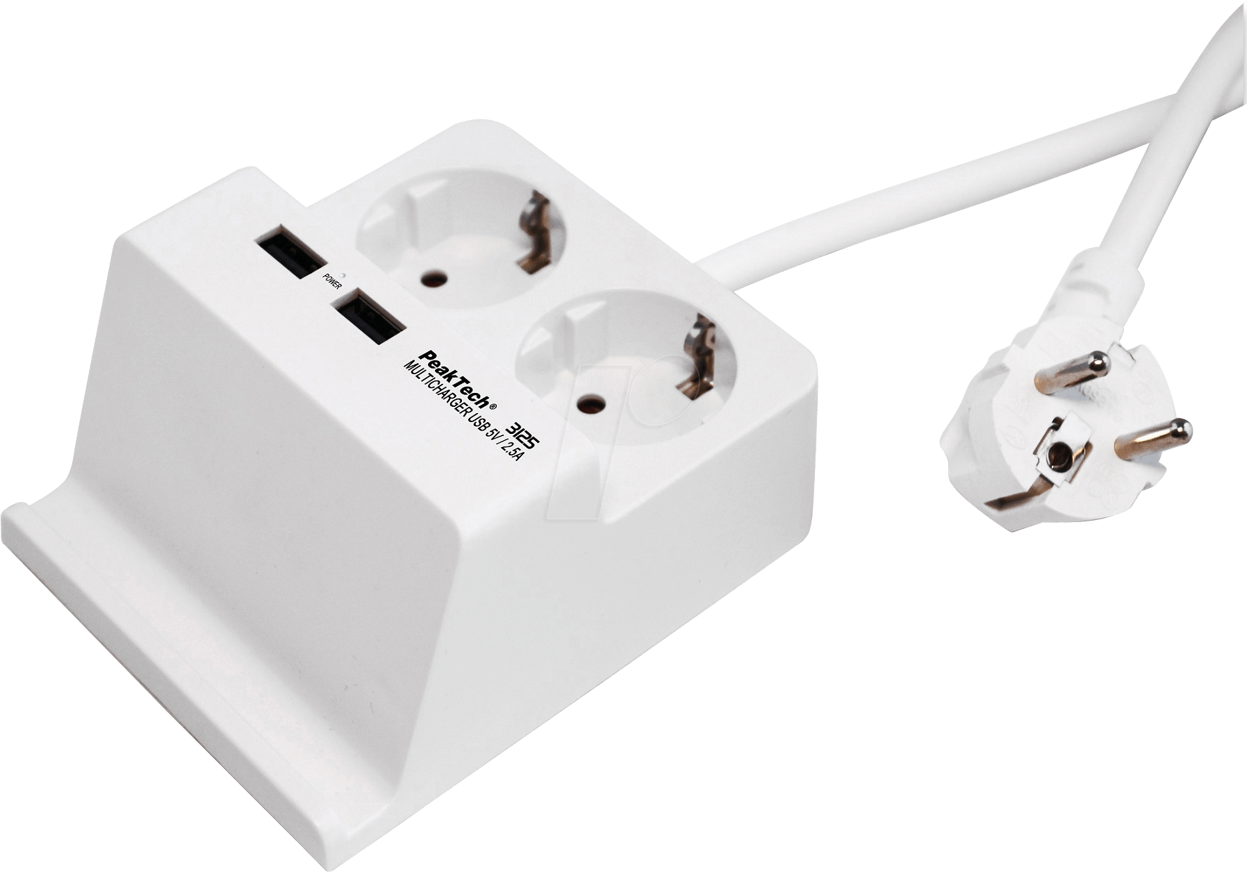 Bild von PeakTech 3125 – Tischsteckdose mit 2 x 230 V Schuko & 2 USB Ladegerät mit 2,5 A, Steckdosenleiste mit Kindersicherung, Inkl. Halterung für Smartphone & Tablet, rutschfest, 100x60x120 mm - 400g, Weiß