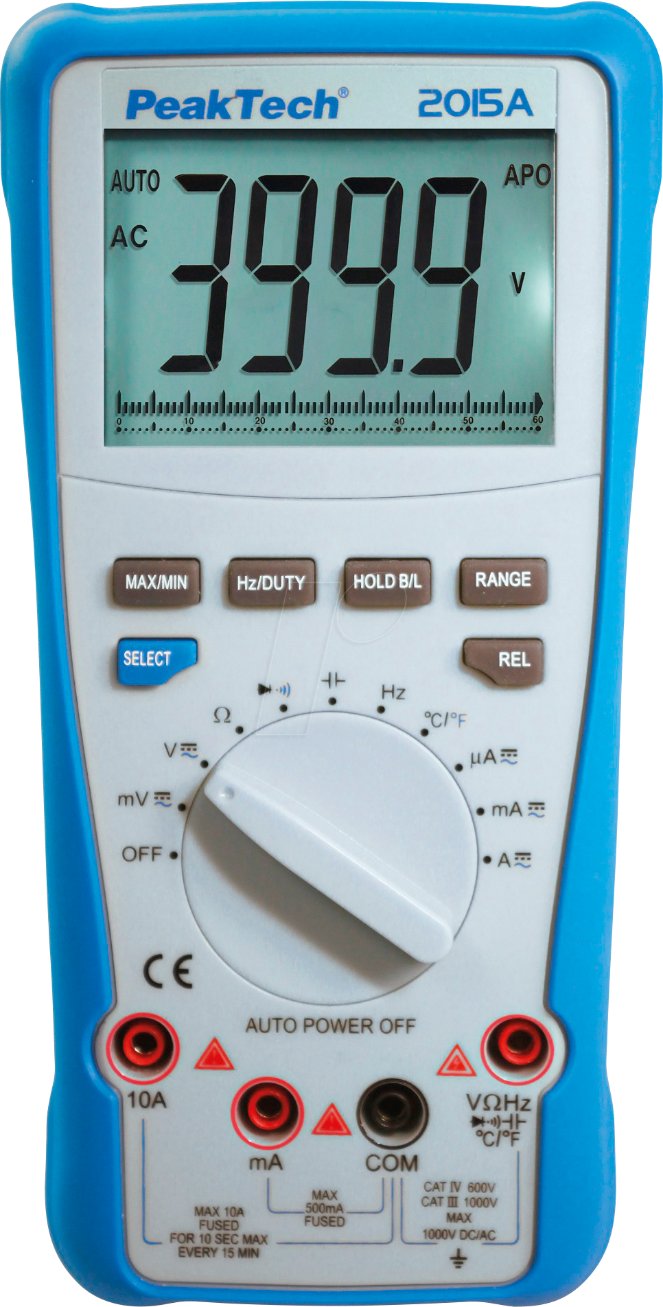 Bild von PeakTech 2015 A – True RMS Digital Multimeter, Auto-Range, 4.000 Counts, Durchgangsprüfer, Messgerät für Widerstand, Kapazität, Diode , Temperatur & Frequenz, 1000V - 10A AC/DC - CAT III, Blau