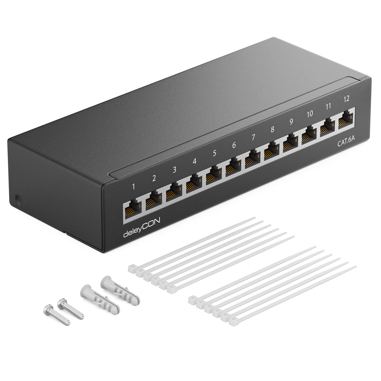 Bild von deleyCON CAT 6a Patchpanel Verteilerfeld 12 Port 1 HE Desktop & Wandmontage Geschirmt 12x RJ45 Buchse LAN Netzwerk Verlegekabel TIA568A TIA568B RAL 9005 Schwarz
