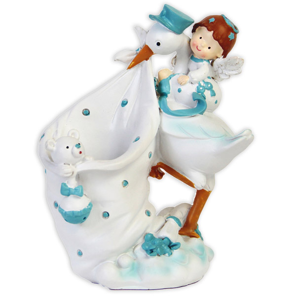 Bild von Stochenfigur in blau mit Baby und Sack zum Befüllen, Polyresin, 13,5cm x 10,5cm