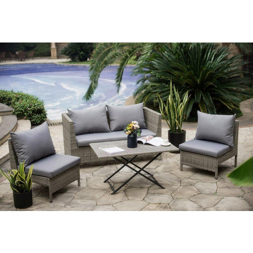 Bild von Ondis24 fertiges Gartenmöbel Set Los Angeles, Sitzgruppe für 4 Personen, Gartenset mit Tisch Schirm Sitzkissen, Balkonmöbel Essgruppe Garten, Lounge Sitzgarnitur