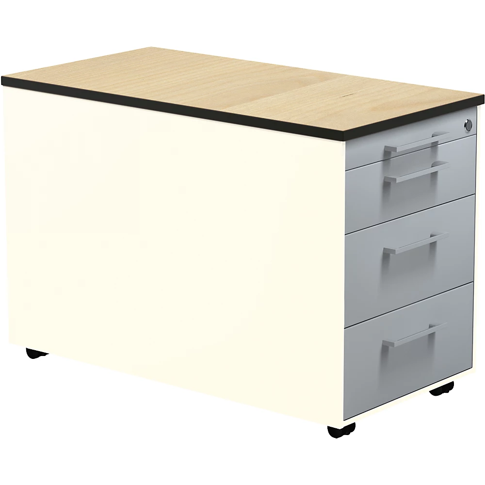 Bild von Schubladencontainer m.Rollen, 523x800mm, 3 Materialschübe,r.weiß/alusilber/Ahorn