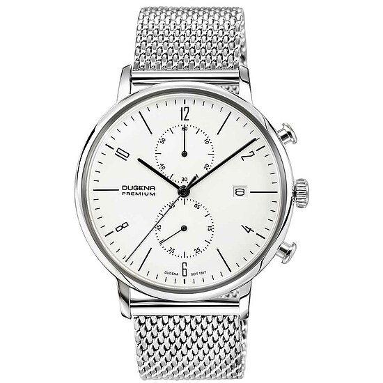 Bild von Dugena Herren-Armbanduhr Dessau Chrono, Chronograph, weißes Zifferblatt, Edelstahlgehäuse, Hart-Acrylglas, 3 bar, Bauhaus-Design (Edelstahl-Milanaiseband Silber)