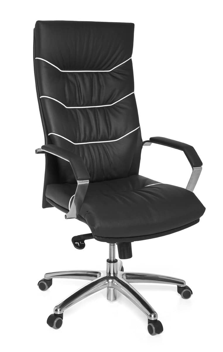 Bild von AMSTYLE Bürostuhl Echt-Leder schwarz Schreibtischstuhl, Chefsessel mit Kopfstütze & Multiblockmechanik, Design Drehstuhl verstellbar & hohe Rückenlehne