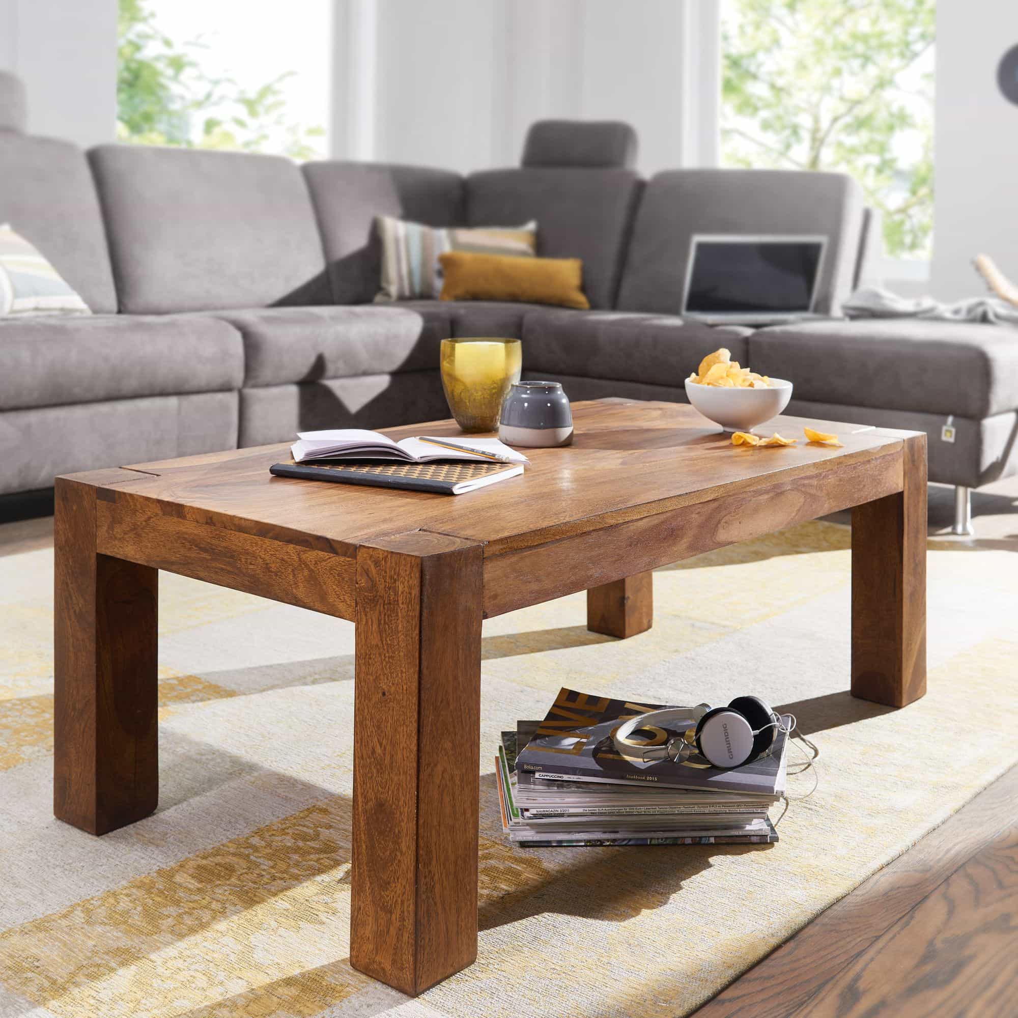 Bild von Wohnling Couchtisch Massiv-Holz Sheesham 110cm breit Wohnzimmer-Tisch Design dunkel-braun Landhaus-Stil Beistelltisch